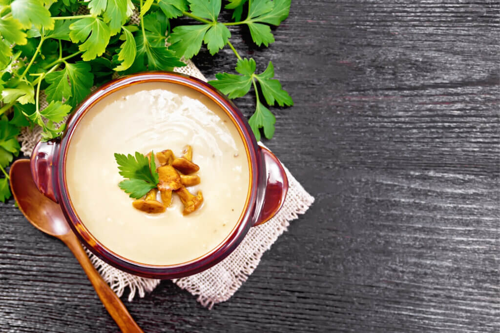 soup puree of chanterelle in bowl on dark board to 2024 09 19 05 39 15 utc
